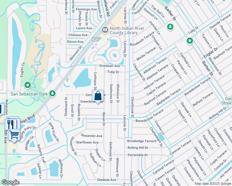 map of restaurants, bars, coffee shops, grocery stores, and more near 831 Genesee Avenue in Sebastian