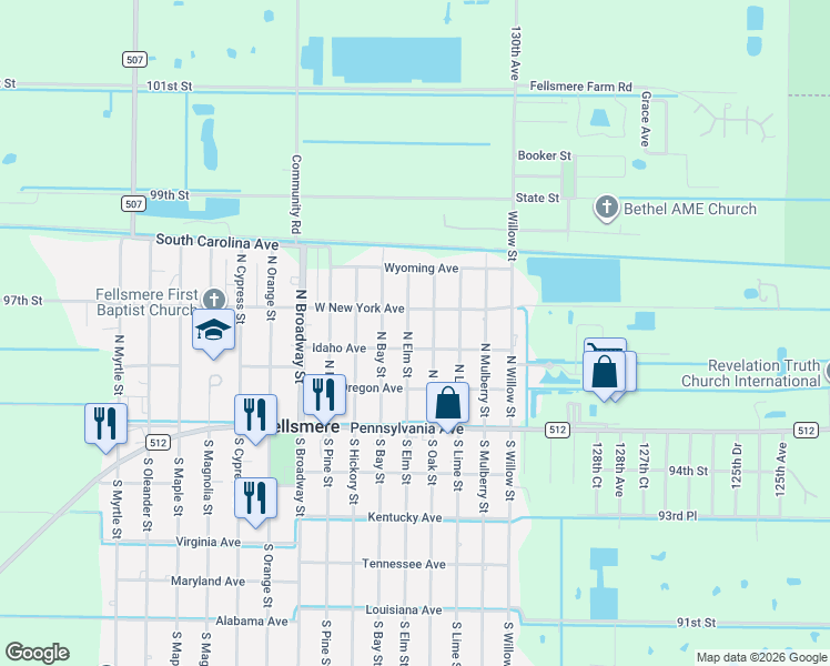 map of restaurants, bars, coffee shops, grocery stores, and more near 82 North Elm Street in Fellsmere