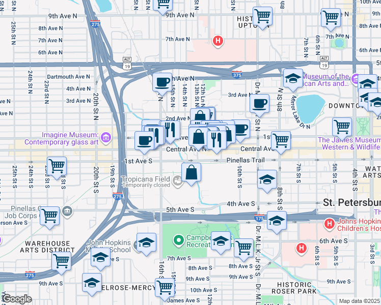 map of restaurants, bars, coffee shops, grocery stores, and more near 1320 Central Avenue in St. Petersburg