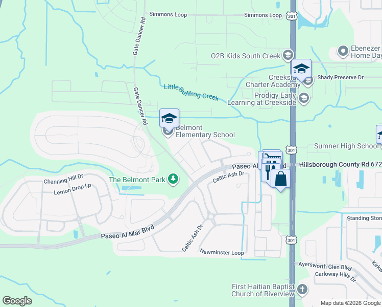 map of restaurants, bars, coffee shops, grocery stores, and more near 10128 Point Given Court in Ruskin
