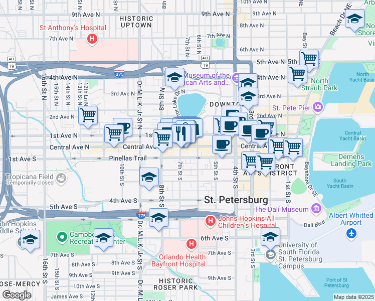 map of restaurants, bars, coffee shops, grocery stores, and more near 648 Central Avenue in St. Petersburg