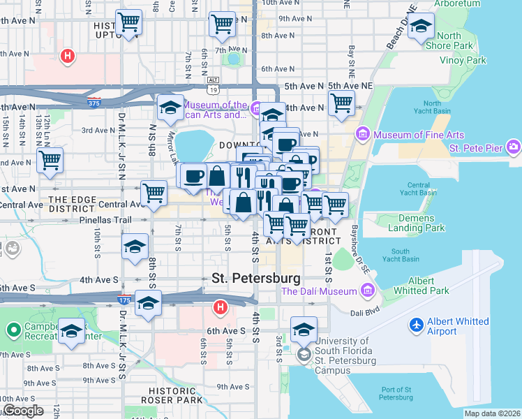 map of restaurants, bars, coffee shops, grocery stores, and more near 360 Central Avenue North in St. Petersburg