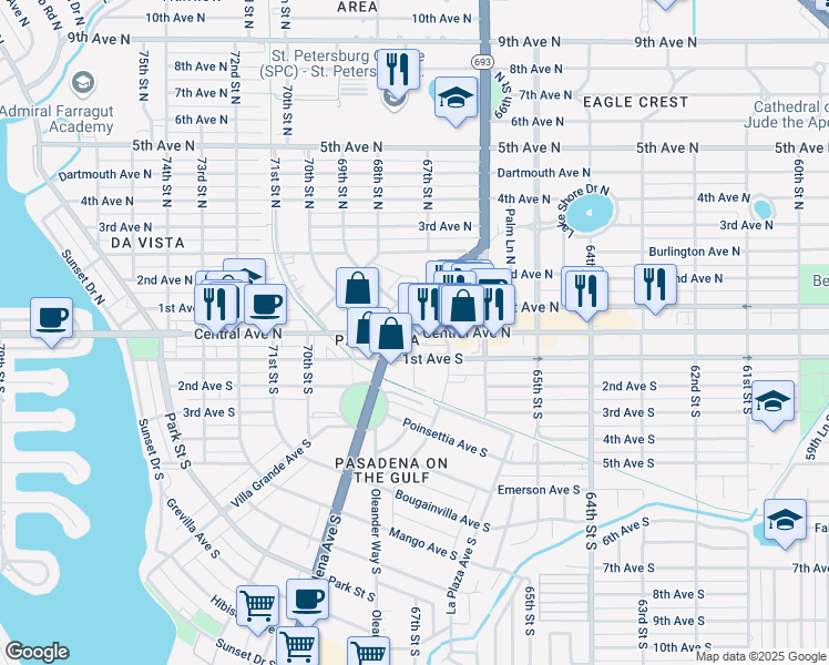map of restaurants, bars, coffee shops, grocery stores, and more near 923 Central Avenue in St. Petersburg