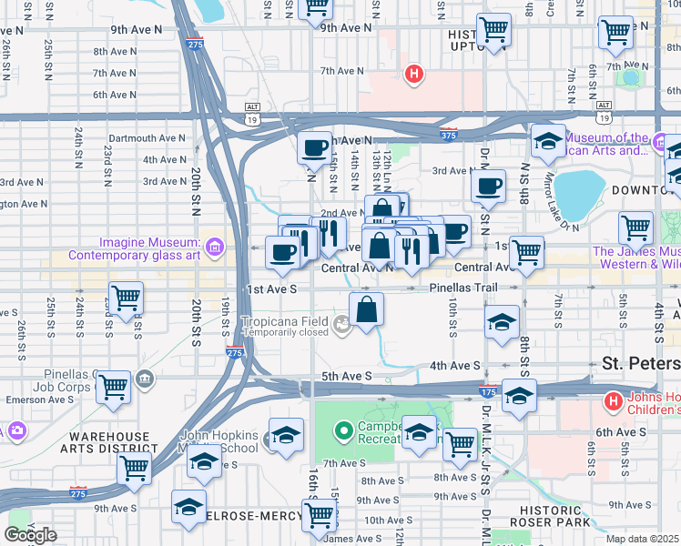 map of restaurants, bars, coffee shops, grocery stores, and more near 1560 Central Avenue North in Saint Petersburg