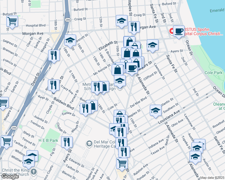 map of restaurants, bars, coffee shops, grocery stores, and more near 1712 15th Street in Corpus Christi