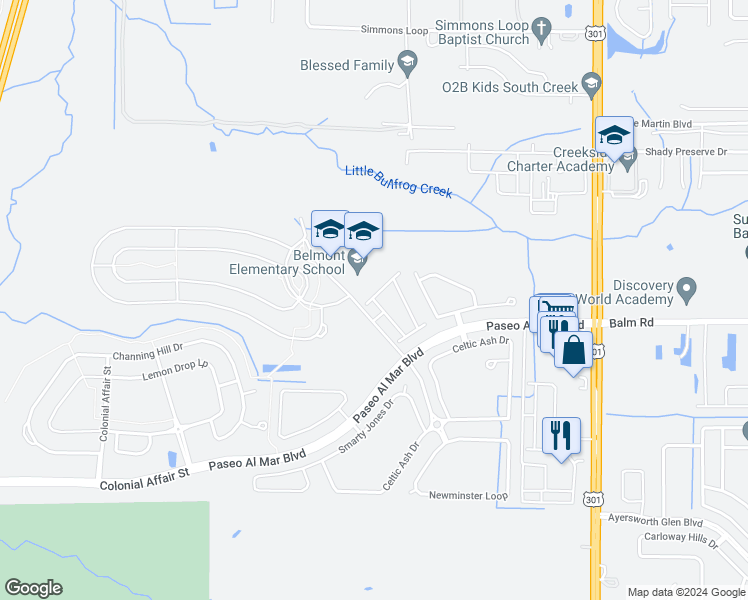 map of restaurants, bars, coffee shops, grocery stores, and more near 14204 War Admiral Place in Sun City Center
