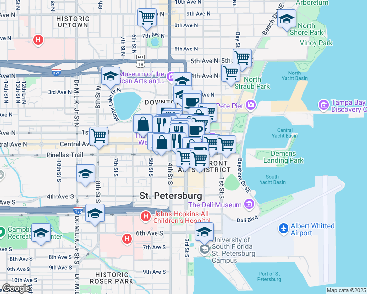 map of restaurants, bars, coffee shops, grocery stores, and more near 360 Central Avenue North in St. Petersburg