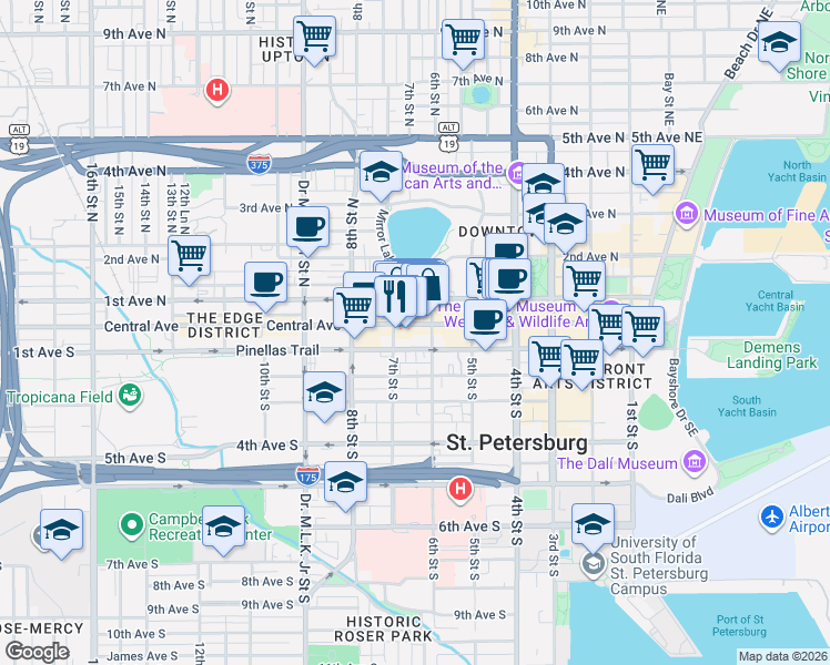 map of restaurants, bars, coffee shops, grocery stores, and more near 648 Central Avenue in St. Petersburg