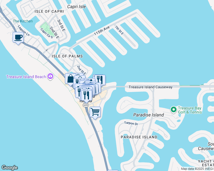 map of restaurants, bars, coffee shops, grocery stores, and more near 286 107th Avenue in Treasure Island