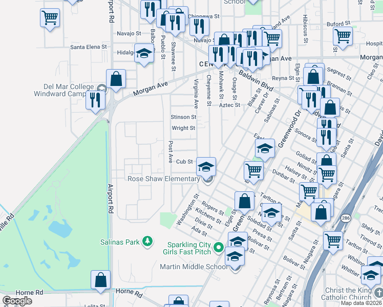 map of restaurants, bars, coffee shops, grocery stores, and more near 3601 Lockheed Street in Corpus Christi