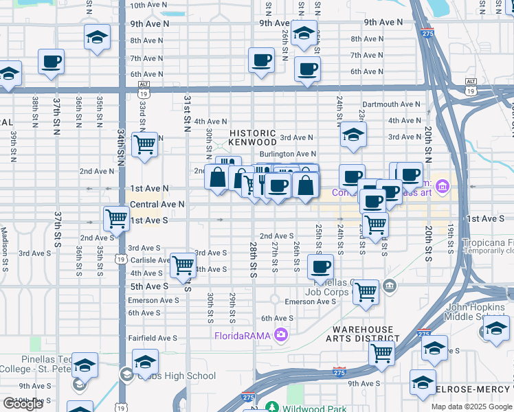 map of restaurants, bars, coffee shops, grocery stores, and more near 2756 1/2 Central Avenue in St. Petersburg