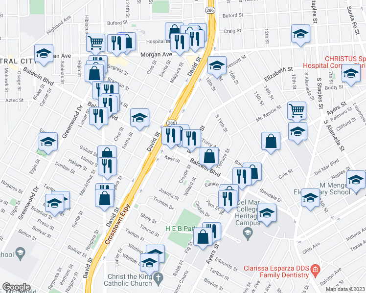 map of restaurants, bars, coffee shops, grocery stores, and more near 2634 Riggan Street in Corpus Christi