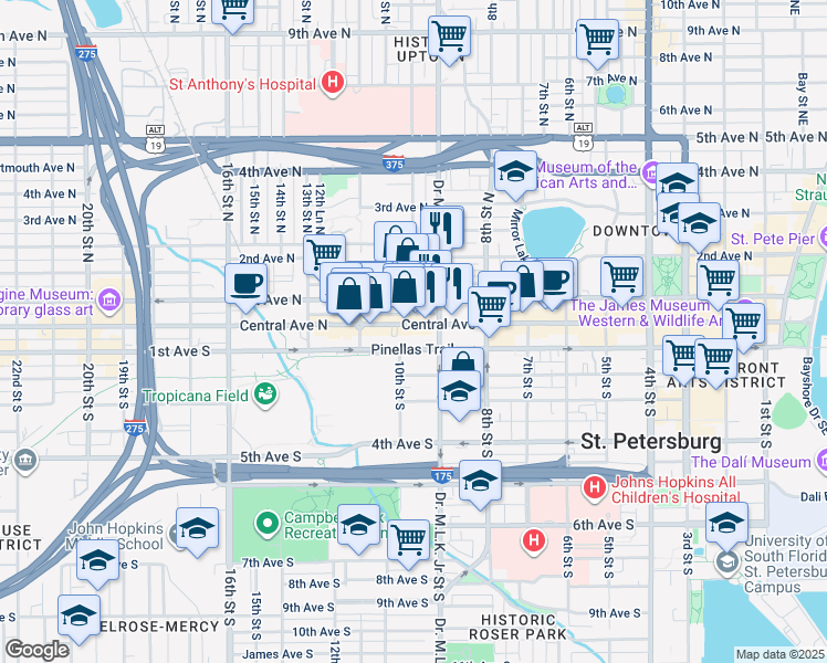 map of restaurants, bars, coffee shops, grocery stores, and more near 930 Central Avenue in St. Petersburg