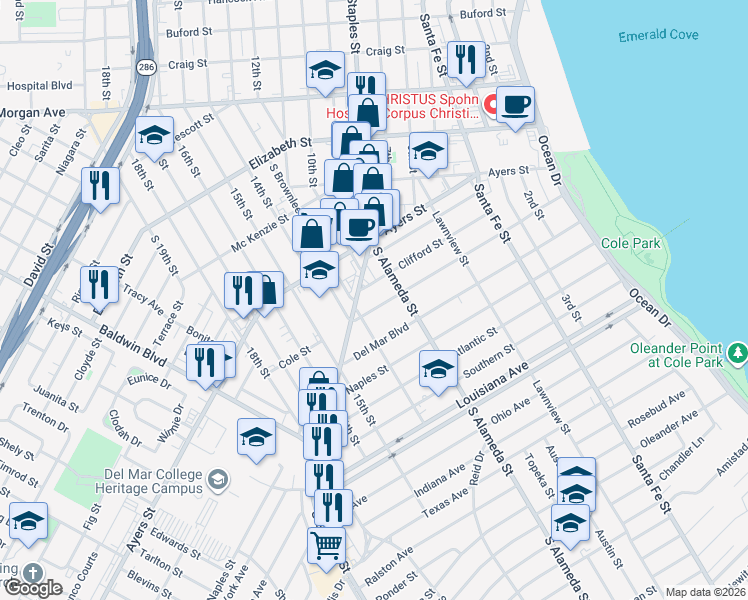 map of restaurants, bars, coffee shops, grocery stores, and more near 525 Clifford Street in Corpus Christi