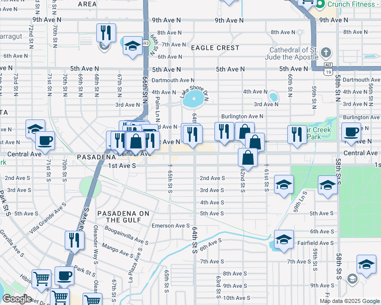 map of restaurants, bars, coffee shops, grocery stores, and more near 6409 Central Avenue in St. Petersburg