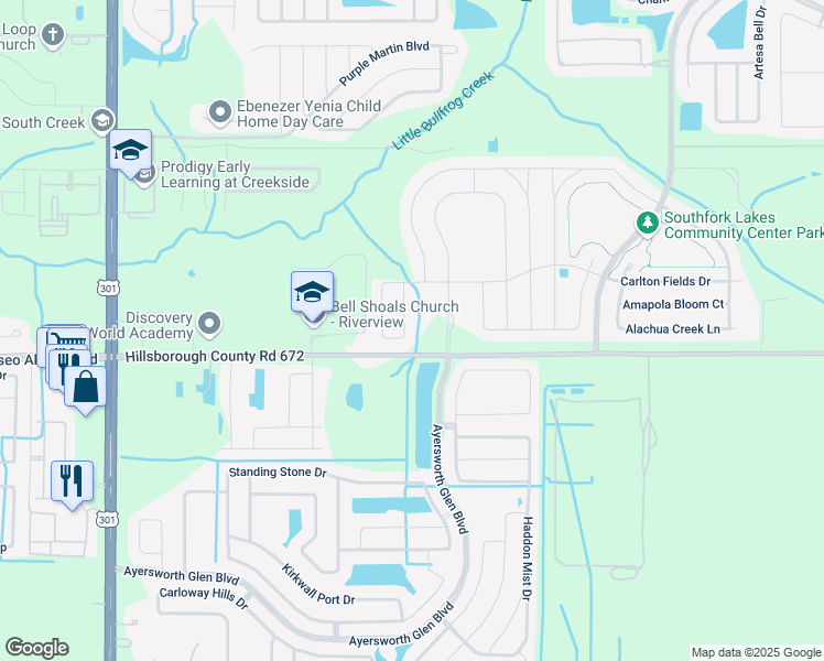 map of restaurants, bars, coffee shops, grocery stores, and more near 10922 Carlton Fields Drive in Riverview