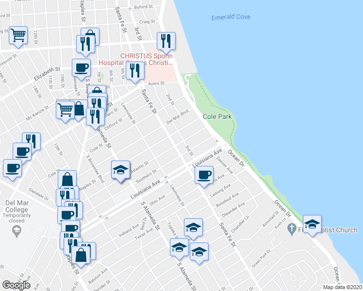 map of restaurants, bars, coffee shops, grocery stores, and more near 205 Atlantic Street in Corpus Christi