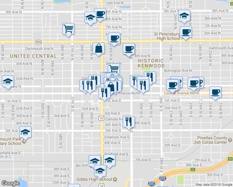 map of restaurants, bars, coffee shops, grocery stores, and more near 3240 Central Avenue in Saint Petersburg