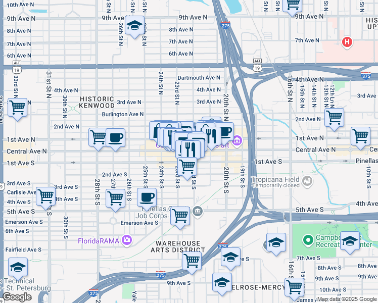 map of restaurants, bars, coffee shops, grocery stores, and more near 2210 Central Ave in St Petersburg