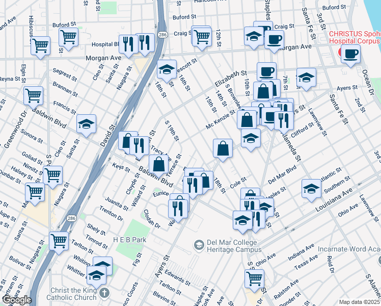 map of restaurants, bars, coffee shops, grocery stores, and more near 2505 Fig Street in Corpus Christi