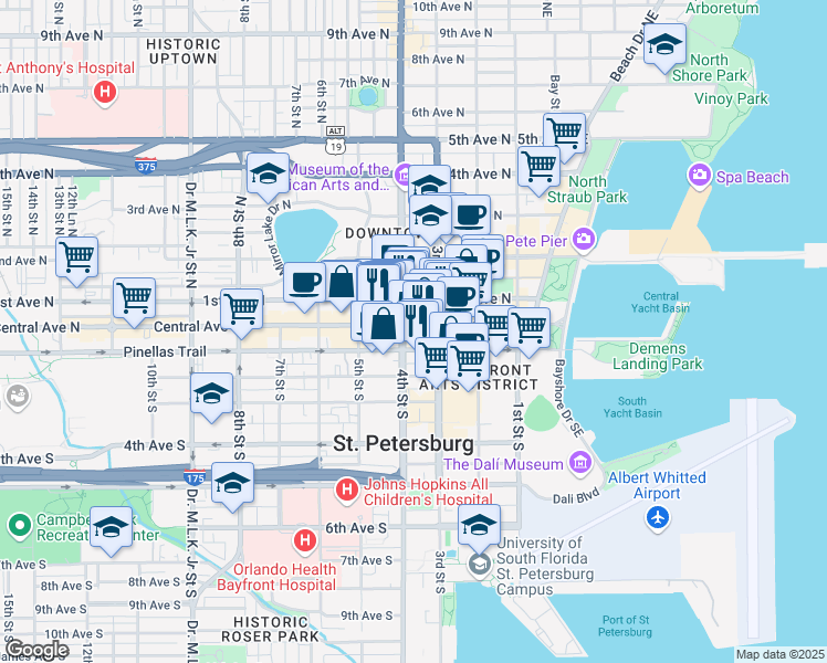 map of restaurants, bars, coffee shops, grocery stores, and more near 360 Central Avenue North in St. Petersburg