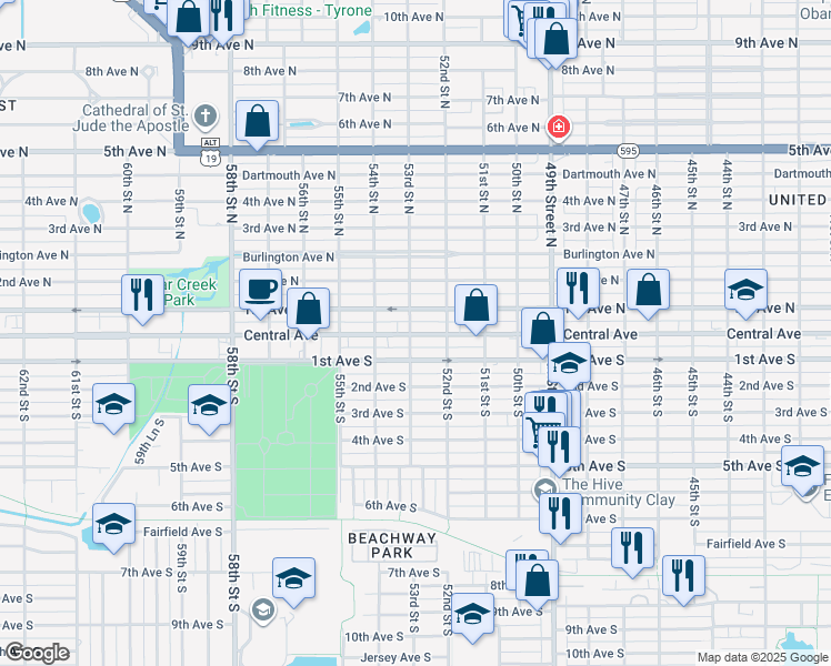 map of restaurants, bars, coffee shops, grocery stores, and more near 5300 Central Avenue in Saint Petersburg
