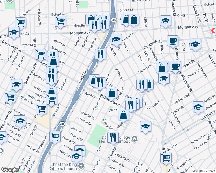 map of restaurants, bars, coffee shops, grocery stores, and more near 2609 Cloyde Street in Corpus Christi
