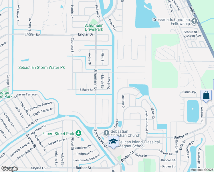 map of restaurants, bars, coffee shops, grocery stores, and more near 104 Marsh Street in Sebastian