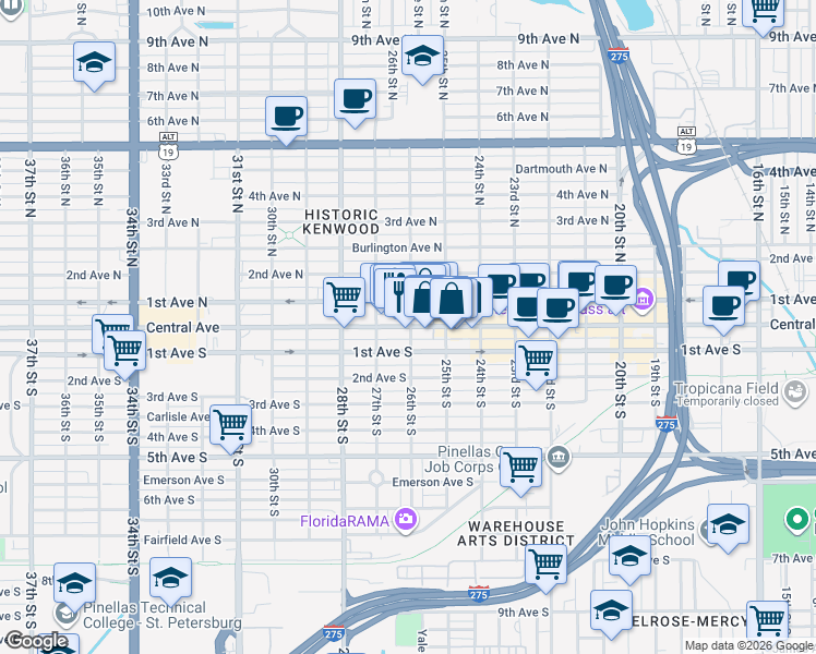 map of restaurants, bars, coffee shops, grocery stores, and more near 2610 Central Avenue in St. Petersburg