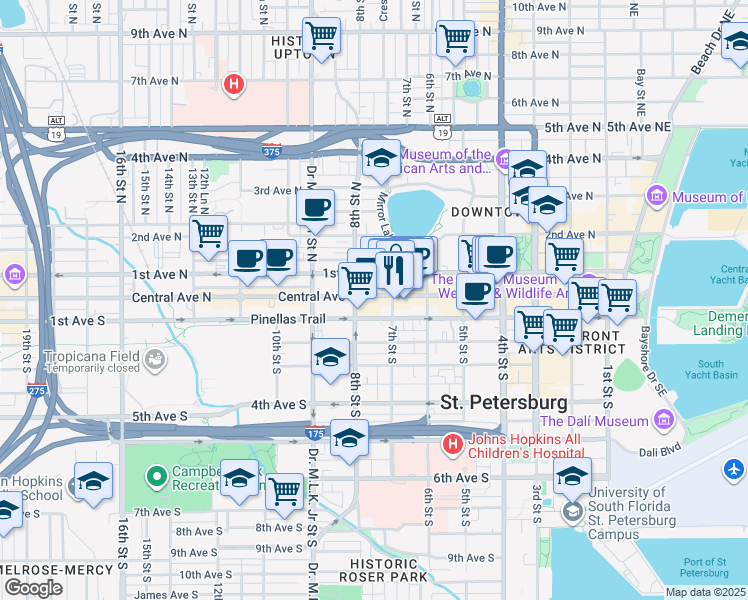 map of restaurants, bars, coffee shops, grocery stores, and more near 720 Central Avenue in St. Petersburg