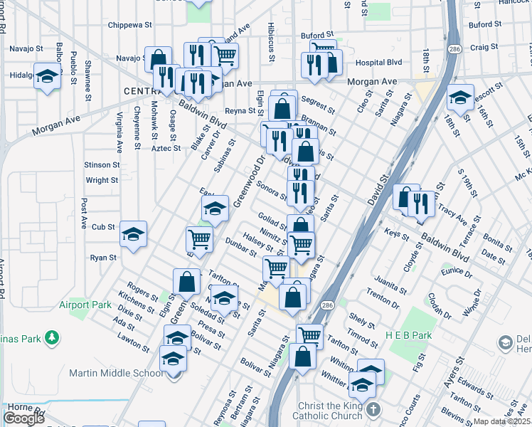map of restaurants, bars, coffee shops, grocery stores, and more near 2604 Goliad Street in Corpus Christi
