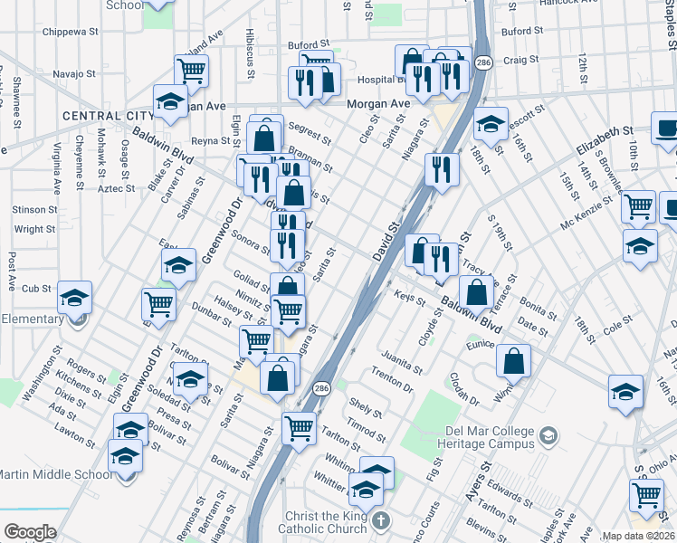 map of restaurants, bars, coffee shops, grocery stores, and more near 2729 Niagara Street in Corpus Christi