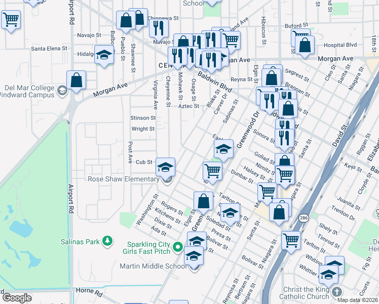 map of restaurants, bars, coffee shops, grocery stores, and more near 2955 Dunbar Street in Corpus Christi