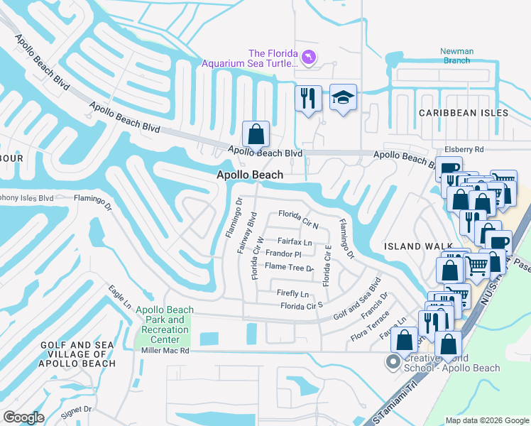 map of restaurants, bars, coffee shops, grocery stores, and more near 6333 Fairway Boulevard in Apollo Beach