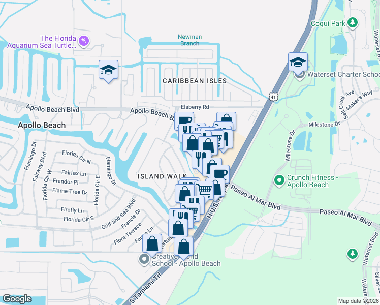 map of restaurants, bars, coffee shops, grocery stores, and more near 240 Apollo Beach Boulevard in Apollo Beach