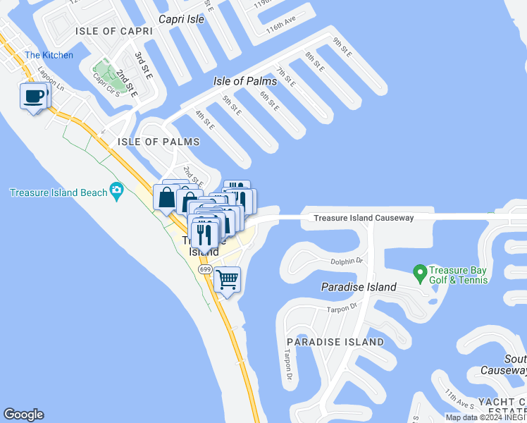 map of restaurants, bars, coffee shops, grocery stores, and more near 286 107th Avenue in Treasure Island