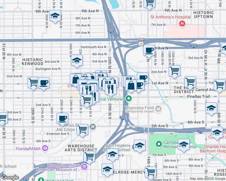 map of restaurants, bars, coffee shops, grocery stores, and more near 1950 Central Avenue in Saint Petersburg