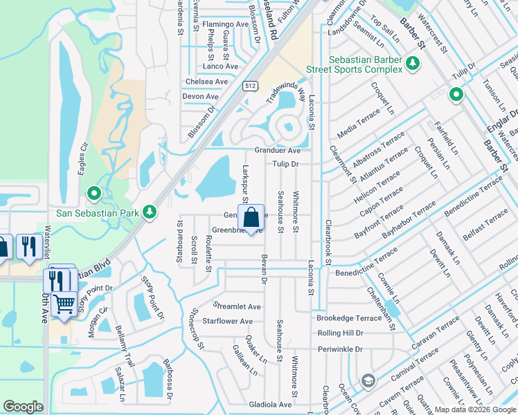 map of restaurants, bars, coffee shops, grocery stores, and more near 1279 Periwinkle in Sebastian