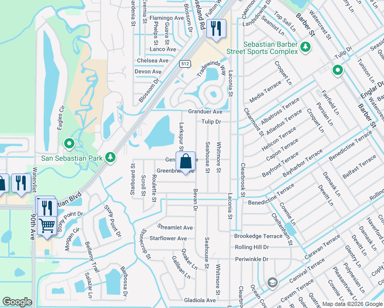 map of restaurants, bars, coffee shops, grocery stores, and more near 1279 Bevan Drive in Sebastian