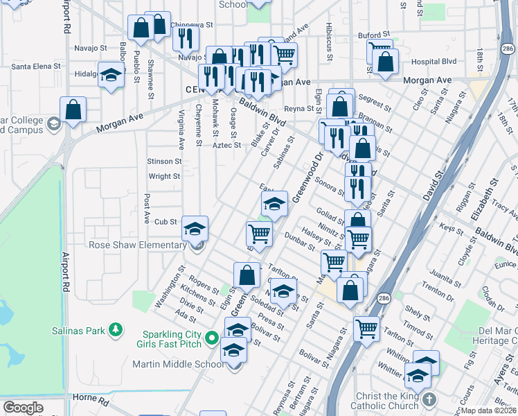 map of restaurants, bars, coffee shops, grocery stores, and more near 2933 Sabinas Street in Corpus Christi