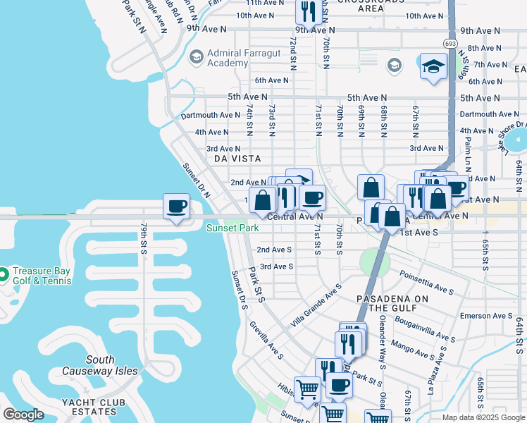 map of restaurants, bars, coffee shops, grocery stores, and more near 7321 Central Avenue in Saint Petersburg