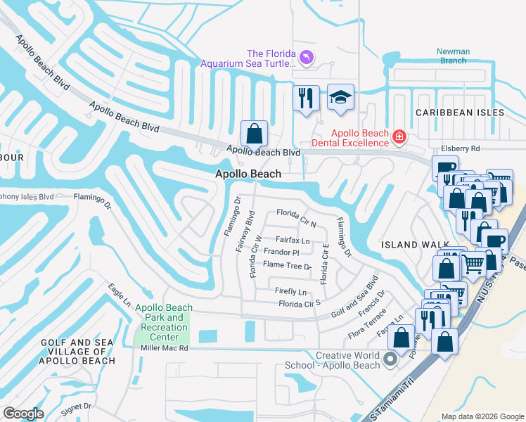 map of restaurants, bars, coffee shops, grocery stores, and more near 6333 Fairway Boulevard in Apollo Beach