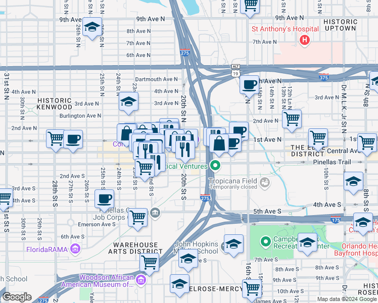 map of restaurants, bars, coffee shops, grocery stores, and more near 1950 Central Avenue in Saint Petersburg