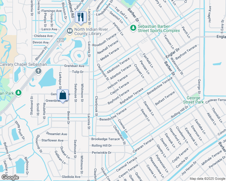 map of restaurants, bars, coffee shops, grocery stores, and more near 701 Capon Terrace in Sebastian