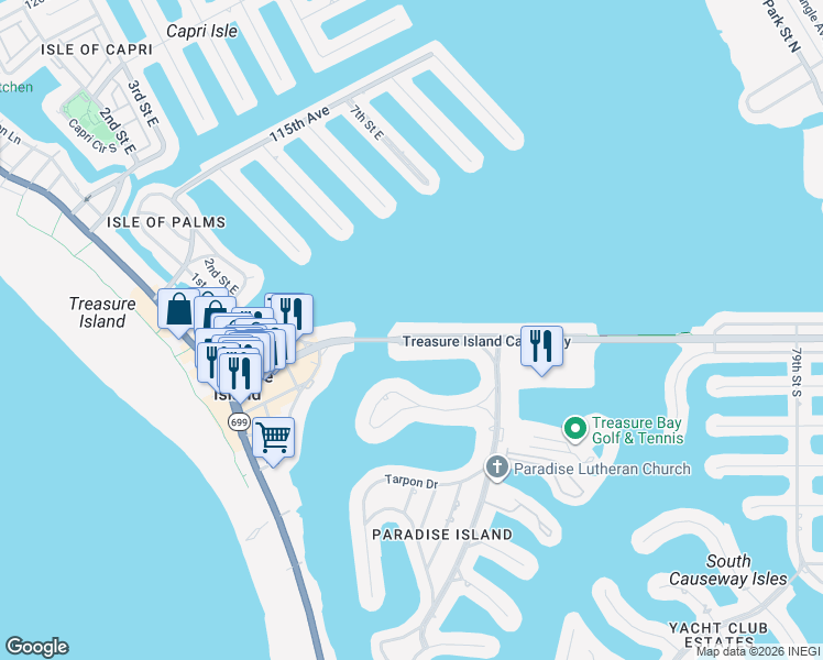 map of restaurants, bars, coffee shops, grocery stores, and more near 3 Paradise Lane in Treasure Island