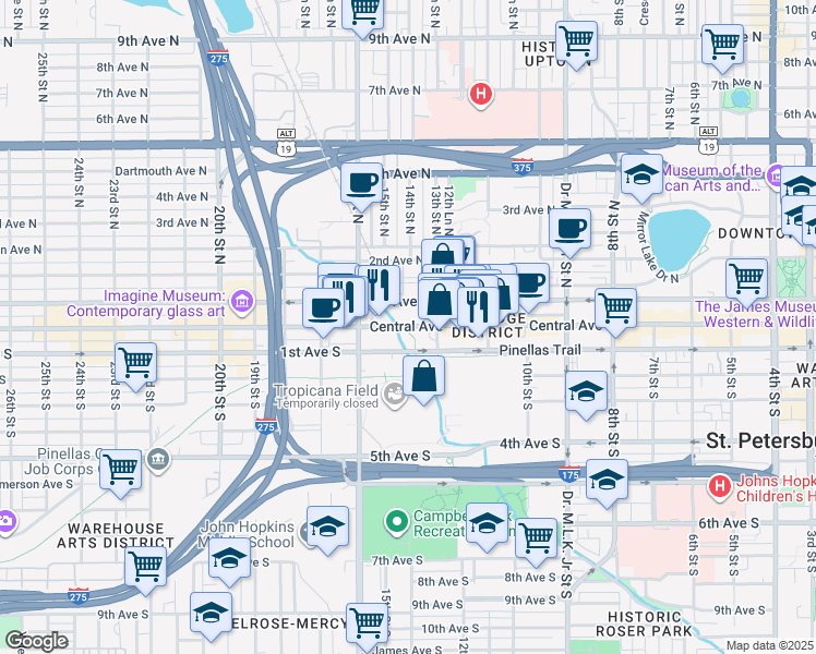 map of restaurants, bars, coffee shops, grocery stores, and more near 1320 Central Avenue in St. Petersburg