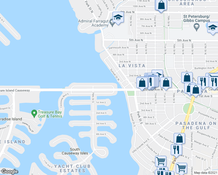 map of restaurants, bars, coffee shops, grocery stores, and more near 7810 Causeway Boulevard North in St. Petersburg