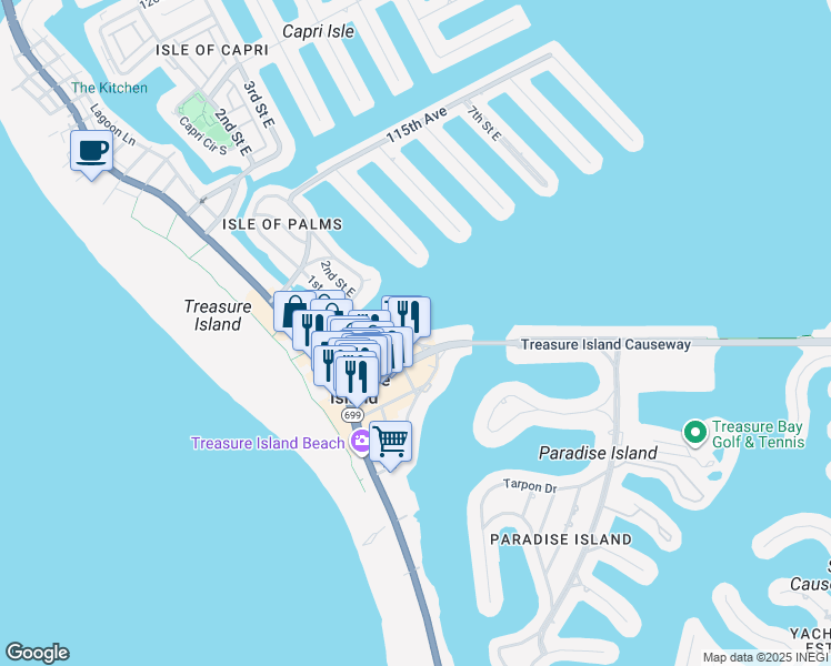 map of restaurants, bars, coffee shops, grocery stores, and more near 220 108th Avenue in Treasure Island