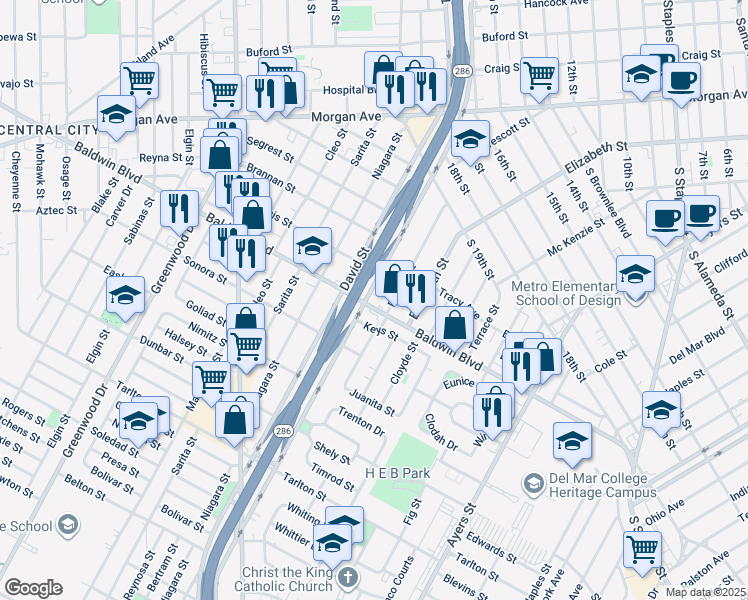 map of restaurants, bars, coffee shops, grocery stores, and more near 1920 Baldwin Boulevard in Corpus Christi