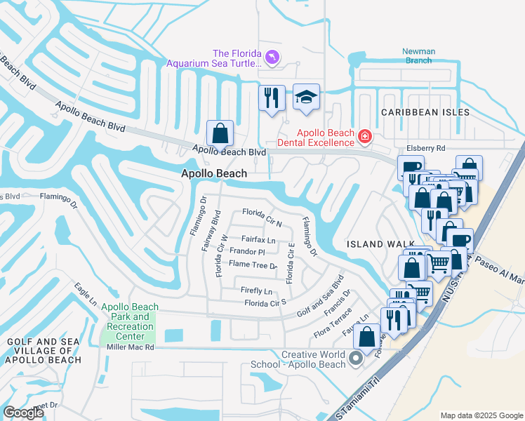 map of restaurants, bars, coffee shops, grocery stores, and more near 505 Florida Circle North in Apollo Beach